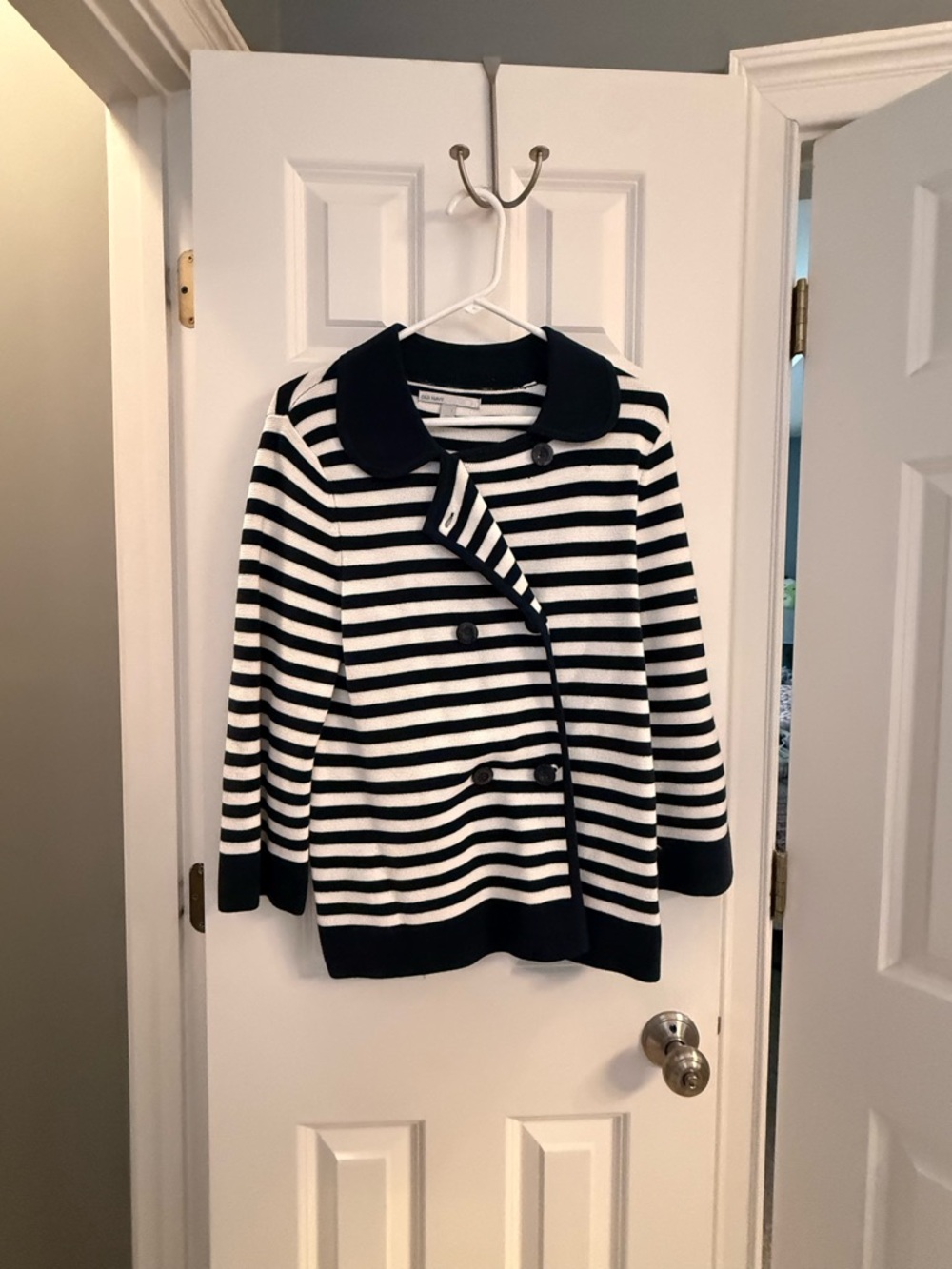 Old Navy Navy & White Striped Double-Breasted Cardigan